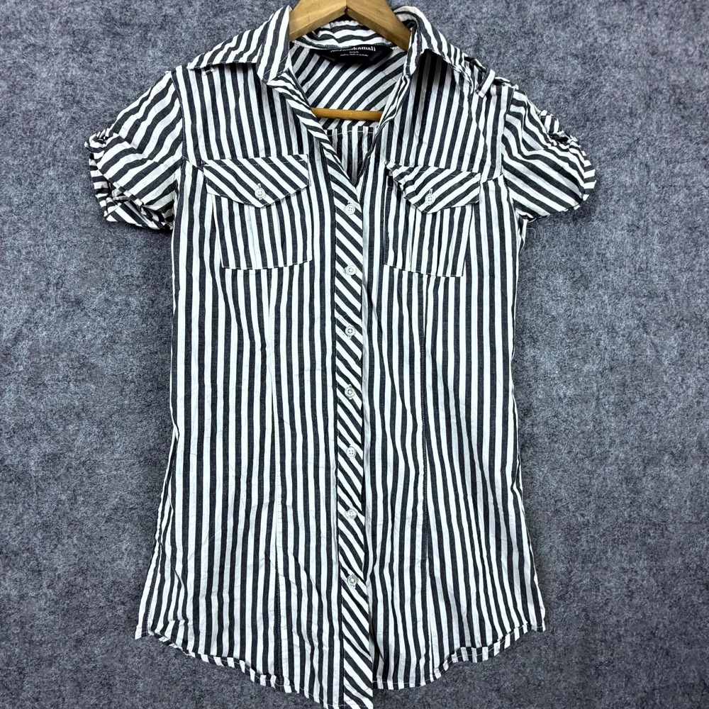 Norma‎ Kamali Shirt Womens XS Black White Striped Button Up Short Sleeve Long